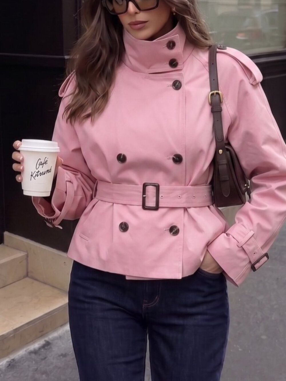 Watermelon Pink Elegant Women's Front Button Pocket Belted Trench Coat